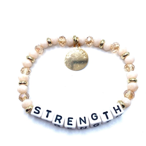 Strength Beaded Stretch Word Bracelet Cream Gold Tone - Picture 4 of 4